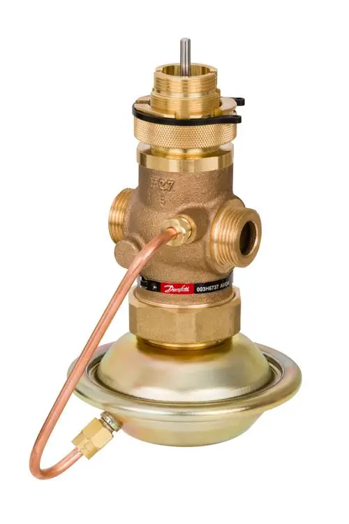 Kupfer-und Messing-Regelventil von Danfoss mit mehreren Anschlussmöglichkeiten und runder Grundplatte. Geeignet für die Regelung in Heizungs- und Kühlanlagen.